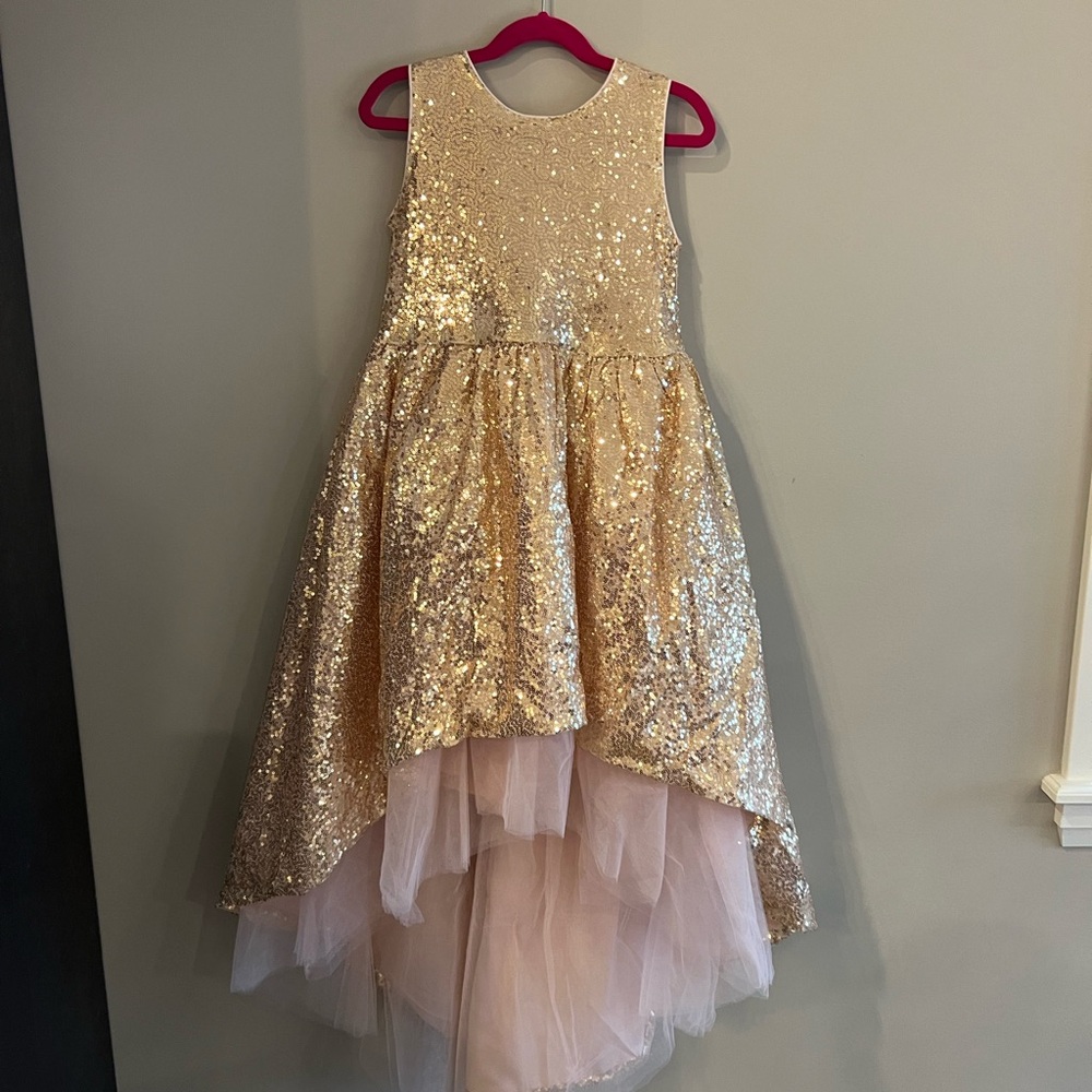 Blush pink sequin bodice, absolutely gorgeous! Hi-low style.